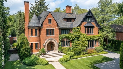 Elegant brick mansion with ivy-covered facade and lawn photo