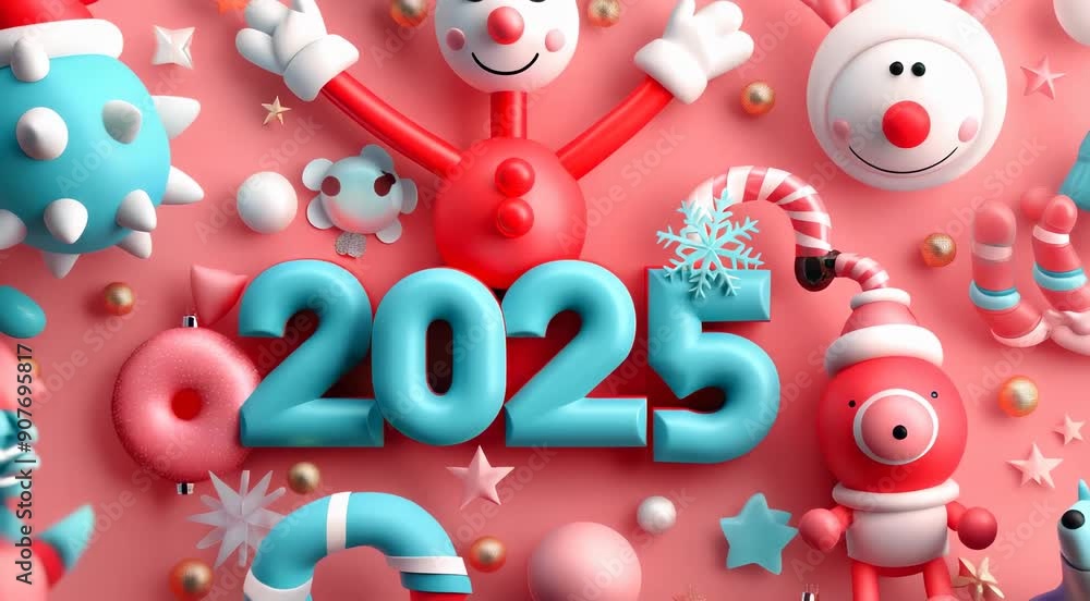 Festive Christmas-themed illustration for the year 2025 with playful ornaments, characters, and holiday elements on a pink background. Festive Christmas-themed illustration for the year 2025 with playful ornaments, characters, and holiday elements on a pink background.