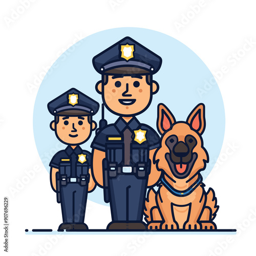 Two police officers, one adult one child, stand smiling alongside German Shepherd dog, adult officer wears radio has confident expression while child officer looks serious. All dressed typical blue