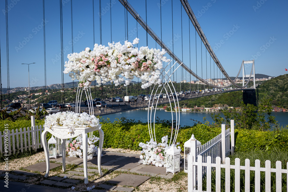 Elegant Wedding Decor with White Flowers and Bosphorus Bridge View