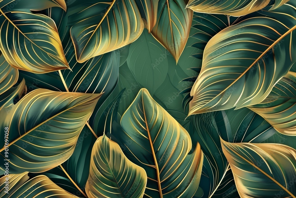 Beautiful tropical leaf wallpaper featuring golden banana leaf line arts and hand-drawn outlines, creating a luxurious nature pattern Beautiful tropical leaf wallpaper featuring golden banana leaf line arts and hand-drawn outlines, creating a luxurious nature pattern