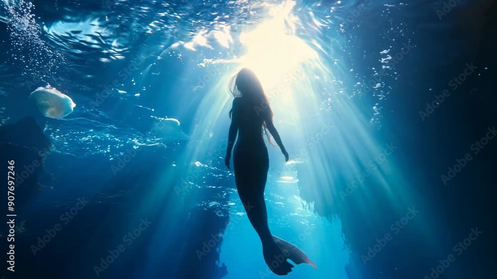low angle perspective of a mermaid silhouette shadow swimming underwater with sunlight ray through water surface, whimsical fantasy creature low angle perspective of a mermaid silhouette shadow swimming underwater with sunlight ray through water surface, whimsical fantasy creature
