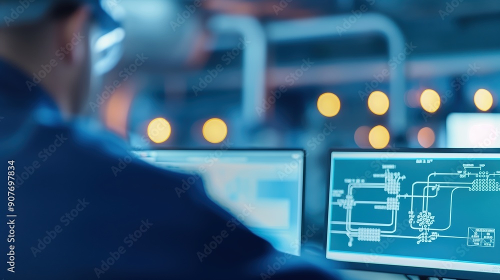Foto de Control room in gas facility, engineers monitoring systems ...