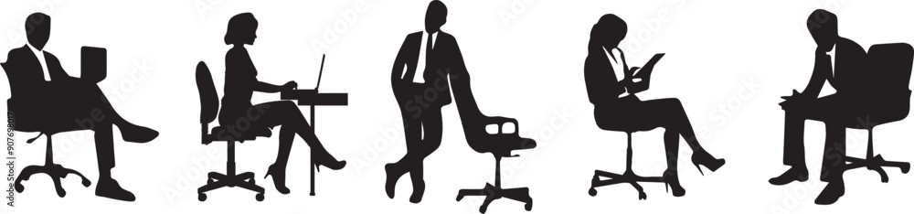 Vector silhouettes of men and women. Office workers, group sitting on chair in business clothes, profile, black color, isolated on white background. Vector illustration.EPS 10. Vector silhouettes of men and women. Office workers, group sitting on chair in business clothes, profile, black color, isolated on white background. Vector illustration.EPS 10.