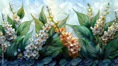 Beautiful stained glass artwork depicting white and yellow flowers with lush green leaves against a soft, pastel background.
