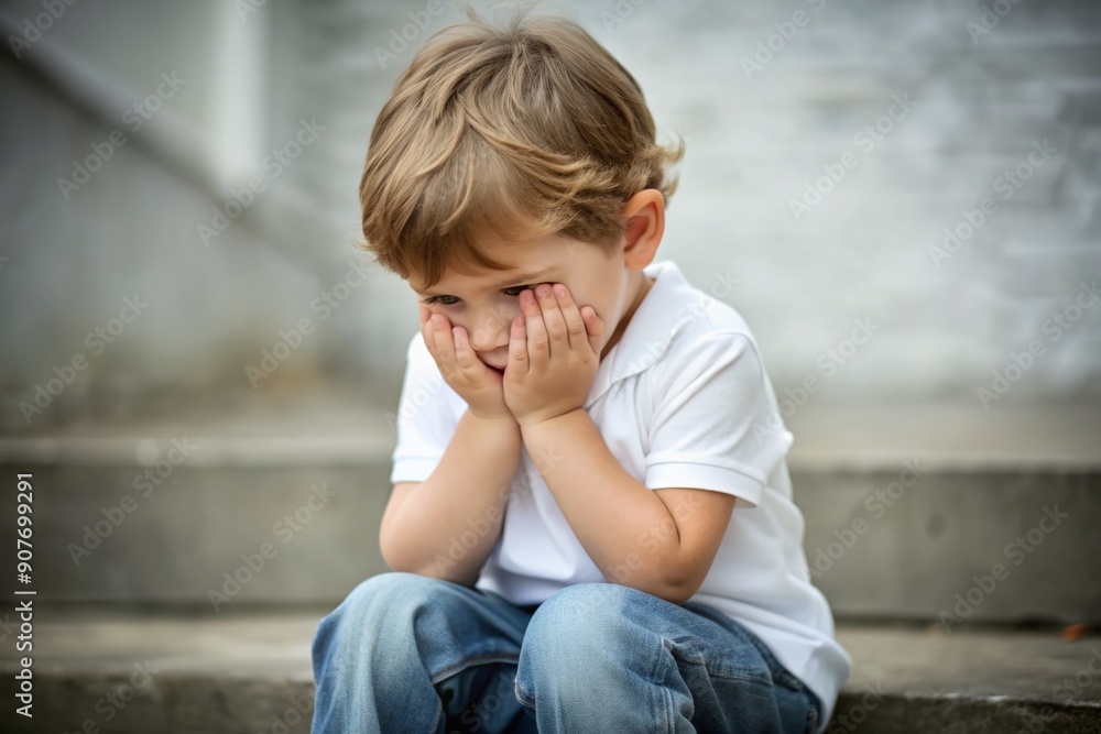Upset young child sits alone, overcome with emotion, concealing tears behind small hands, wearing a simple white t-shirt on a somber day. Upset young child sits alone, overcome with emotion, concealing tears behind small hands, wearing a simple white t-shirt on a somber day.