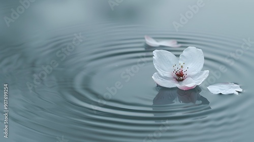 Single Cherry Blossom Petal Floating on Water with Ripples