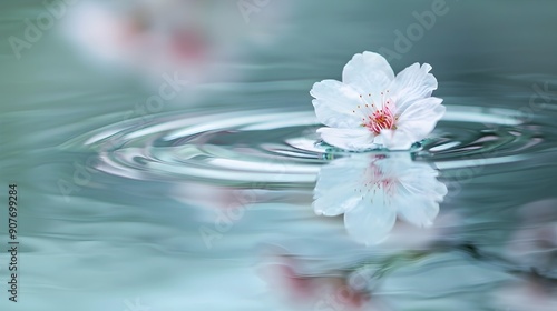 Single Cherry Blossom Petal Floating on Water with Ripples