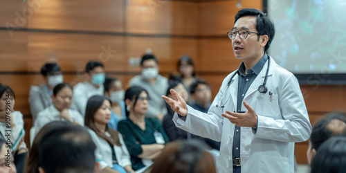 A doctor in a white coat and stethoscope is leading a medical conference, presenting information to a group of people wearing face masks.. asian man
