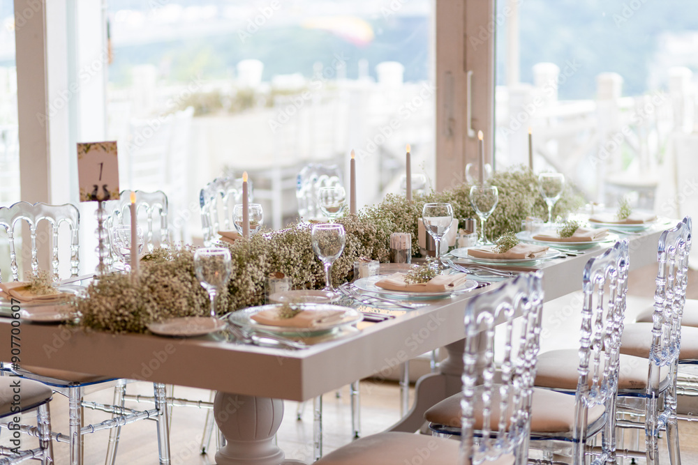 Beautifully Decorated Wedding Table with Natural Greenery Centerpiece