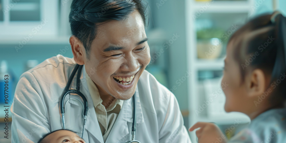 A smiling doctor is holding a baby in his arms and talking to a young girl. The doctor is wearing a white coat and a stethoscope.. asian man A smiling doctor is holding a baby in his arms and talking to a young girl. The doctor is wearing a white coat and a stethoscope.. asian man