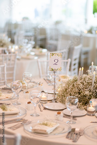 Obraz na płótnie Beautifully Decorated Wedding Table with Natural Greenery Centerpiece w salonie