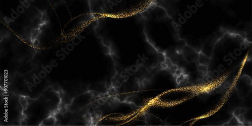 Black marble background with gold glitter waves. Luxury natural stone backdrop with golden sparkles. Modern abstract glamorous Christmas, New Year, wedding, anniversary celebration vector illustration