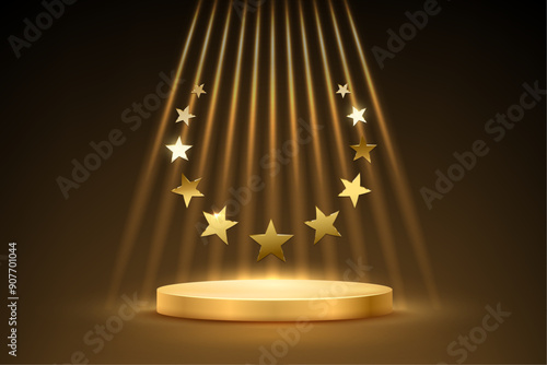 Gold award podium with stars vector illustration. Abstract empty 3d golden stage with glowing light rays and round star frame on black background. Luxury product presentation, winner ceremony.