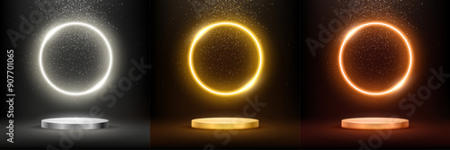 Gold, silver and bronze award podium with glowing neon circle frame. Collection of abstract luxury empty stages on black background with glitter confetti sparkle rain falling vector illustration.