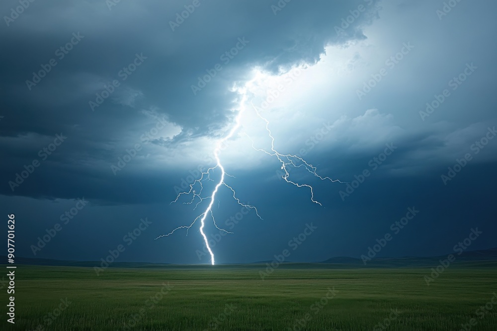 Powerful Lightning Strike Over Open Green Field Powerful Lightning Strike Over Open Green Field