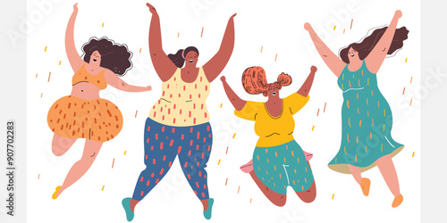 Curvy, happy women jumping, celebrating body positivity, joy, confidence, diverse. Plussize females colorful clothes dancing, cheerfulness, happiness, selflove cartoon style Embracing diverse