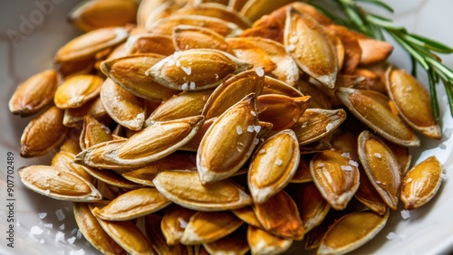 A bowl of nuts with a sprig of rosemary on top, AI