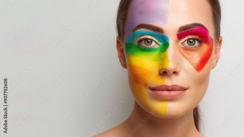 A woman with rainbow painted on her face. The colors are bright and vibrant, and the woman has a smile on her face. Concept of joy and celebration A woman with rainbow painted on her face. The colors are bright and vibrant, and the woman has a smile on her face. Concept of joy and celebration