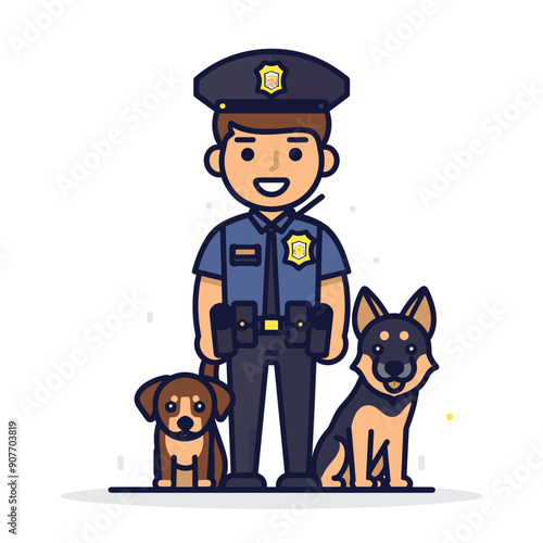 Smiling male police officer uniform badge standing two friendly police dogs cartoon style isolated white background. Man law enforcement K9 unit handler companions animals cartoon style vector