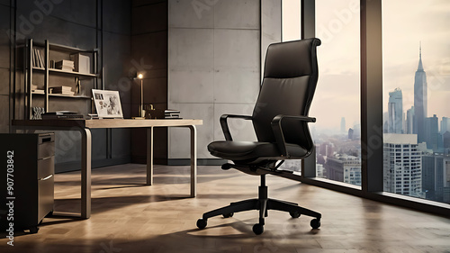 Create a mockup of a high-back office chair with adjustable features, placed in a modern office with soft, warm lighting and a clean, minimalist design.