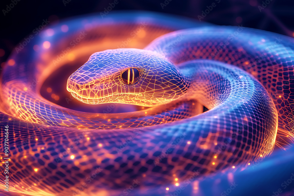 Innovative wireframe rendering depicting a snake on a glowing translucent background, showcasing a cutting-edge design and futuristic aesthetic. The image captures the intricate details of the snake's Innovative wireframe rendering depicting a snake on a glowing translucent background, showcasing a cutting-edge design and futuristic aesthetic. The image captures the intricate details of the snake's