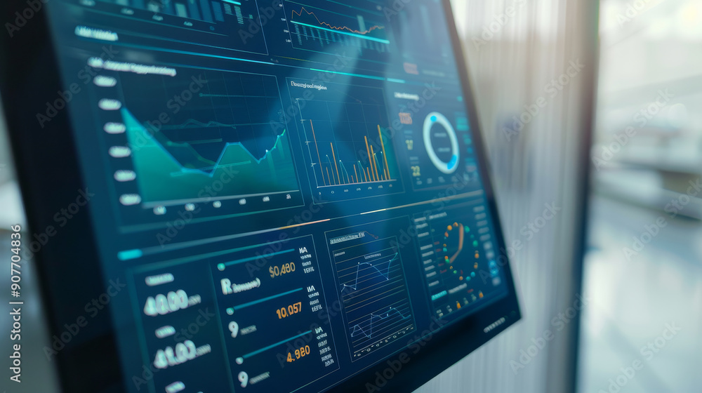 A high-tech screen displaying various charts and graphs, suggestive of data analysis, financial trends, or tech monitoring in a modern workspace. A high-tech screen displaying various charts and graphs, suggestive of data analysis, financial trends, or tech monitoring in a modern workspace.