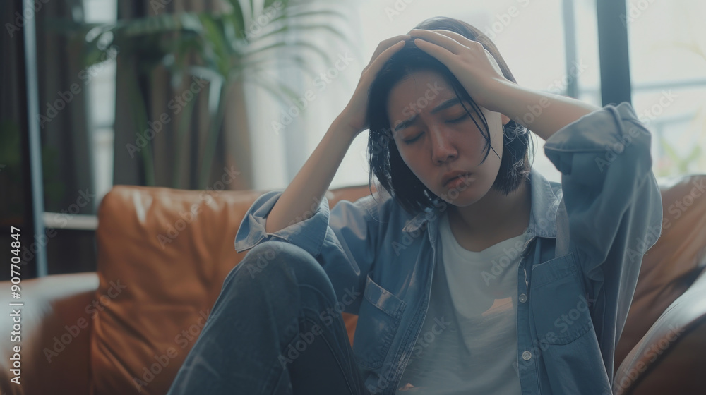 Distressed woman holding her head in her hands, sitting on a sofa, illustrating emotional strain and frustration. Distressed woman holding her head in her hands, sitting on a sofa, illustrating emotional strain and frustration.