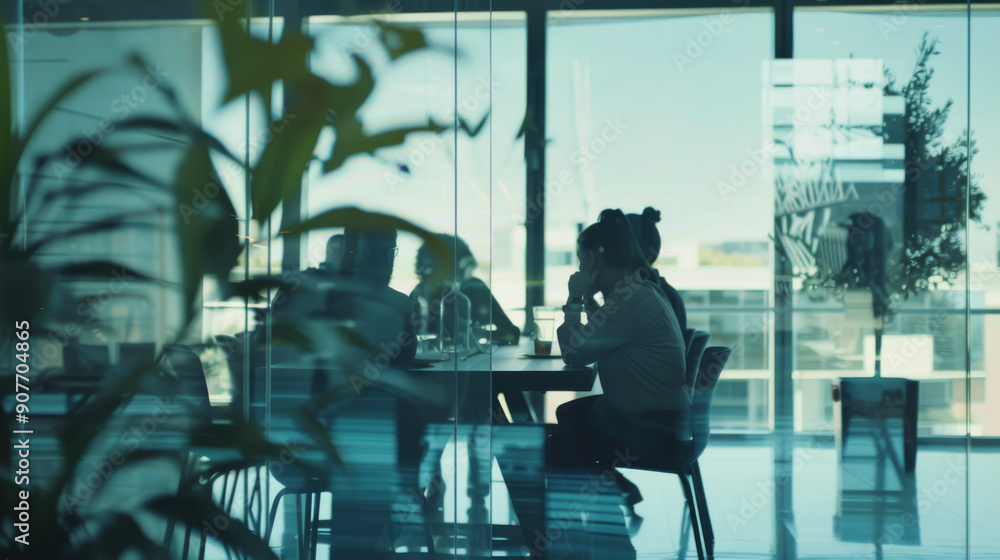 A group of professionals engage in a thoughtful meeting, viewed through a large glass window with green plants subtly framing the setting. A group of professionals engage in a thoughtful meeting, viewed through a large glass window with green plants subtly framing the setting.
