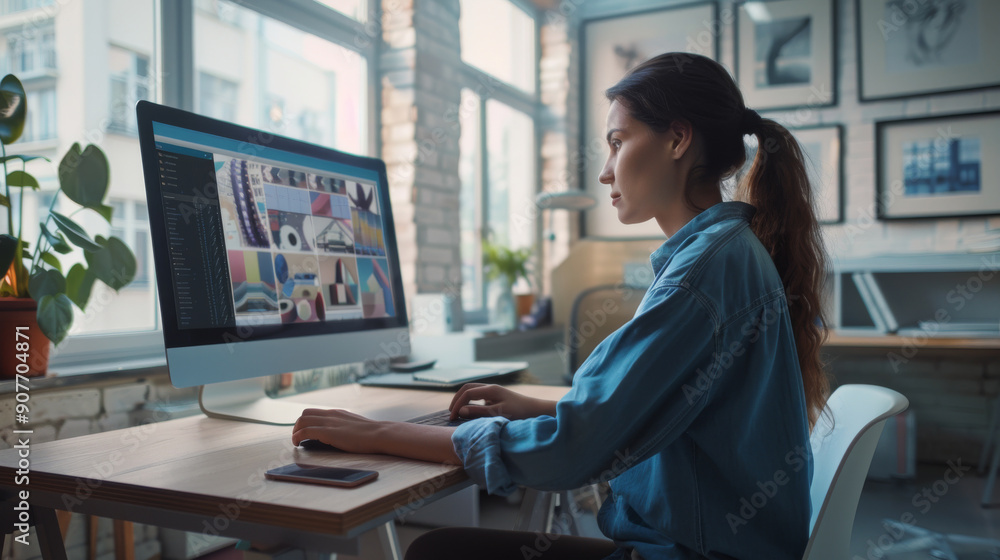 A woman focused on her computer screen in a modern workspace filled with natural light and creative art on the walls. A woman focused on her computer screen in a modern workspace filled with natural light and creative art on the walls.