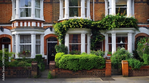 Imagine a traditional British terraced house with brick walls, white trim, and a neatly kept garden.