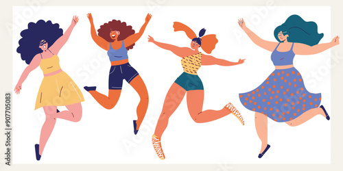 Four diverse women joyfully jumping, expressing happiness freedom colorful, casual outfits, illustration showcases different body types emphasizing body positivity inclusion against isolated white