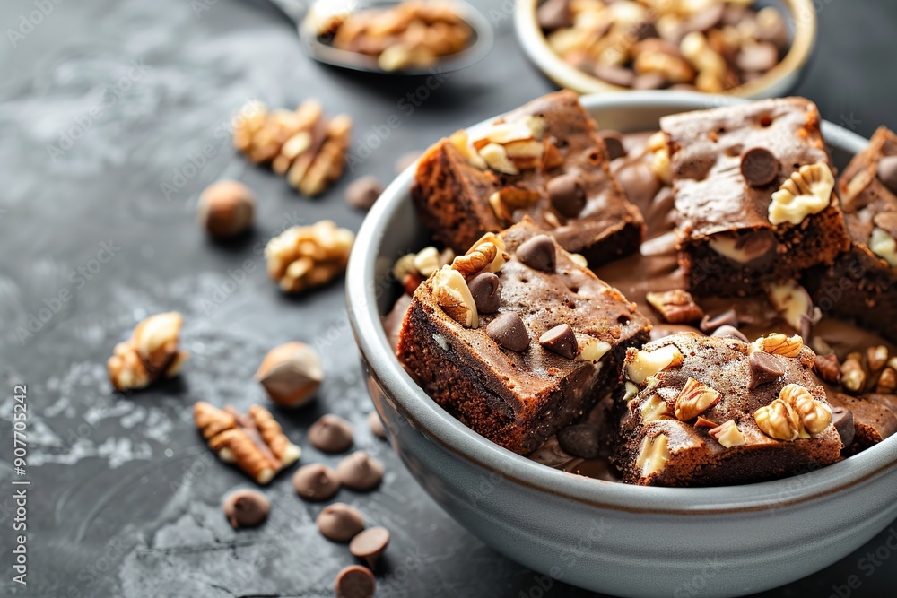 Chocolate brownies in bowl with walnuts and chocolate chips, dar Chocolate brownies in bowl with walnuts and chocolate chips, dar