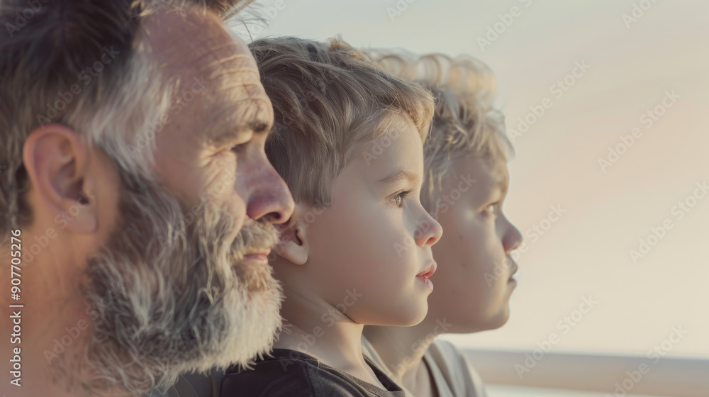 A harmonious side-profile view of a grandfather, father, and son gazing into the distance, showcasing family bonds across generations during a serene moment outdoors. A harmonious side-profile view of a grandfather, father, and son gazing into the distance, showcasing family bonds across generations during a serene moment outdoors.