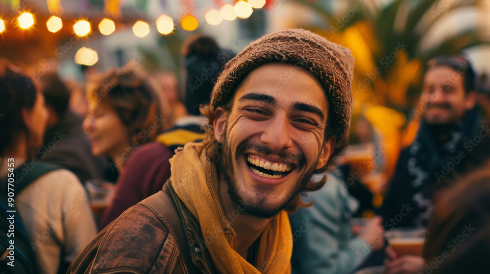 A young man wearing a beanie and scarf, smiling joyfully in a lively outdoor festival, surrounded by a warm, festive ambiance and colorful lights. A young man wearing a beanie and scarf, smiling joyfully in a lively outdoor festival, surrounded by a warm, festive ambiance and colorful lights.