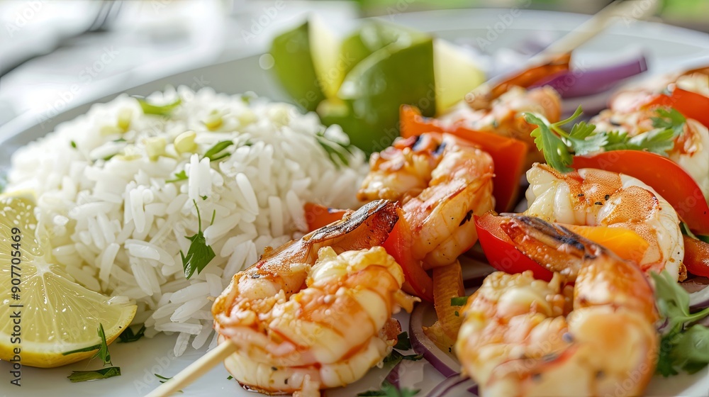 Delicious Prawn Skewers Served with Flavorful Rice and Fresh Vegetable Salad on a Plate Delicious Prawn Skewers Served with Flavorful Rice and Fresh Vegetable Salad on a Plate