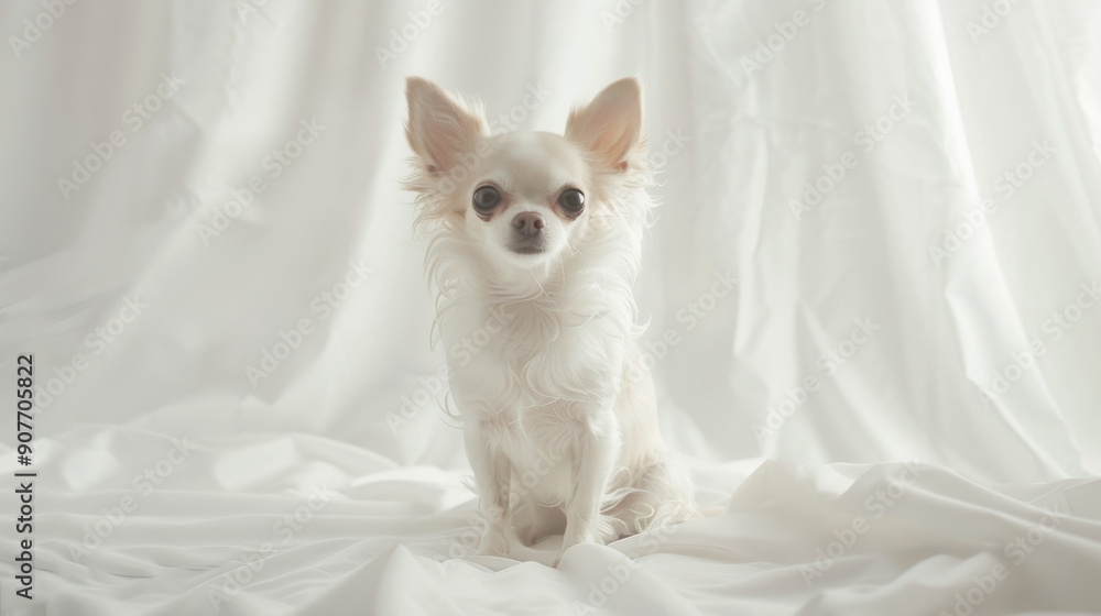 A tiny Chihuahua with white fur sits against a pure white background, exuding an aura of elegance and delicacy. A tiny Chihuahua with white fur sits against a pure white background, exuding an aura of elegance and delicacy.