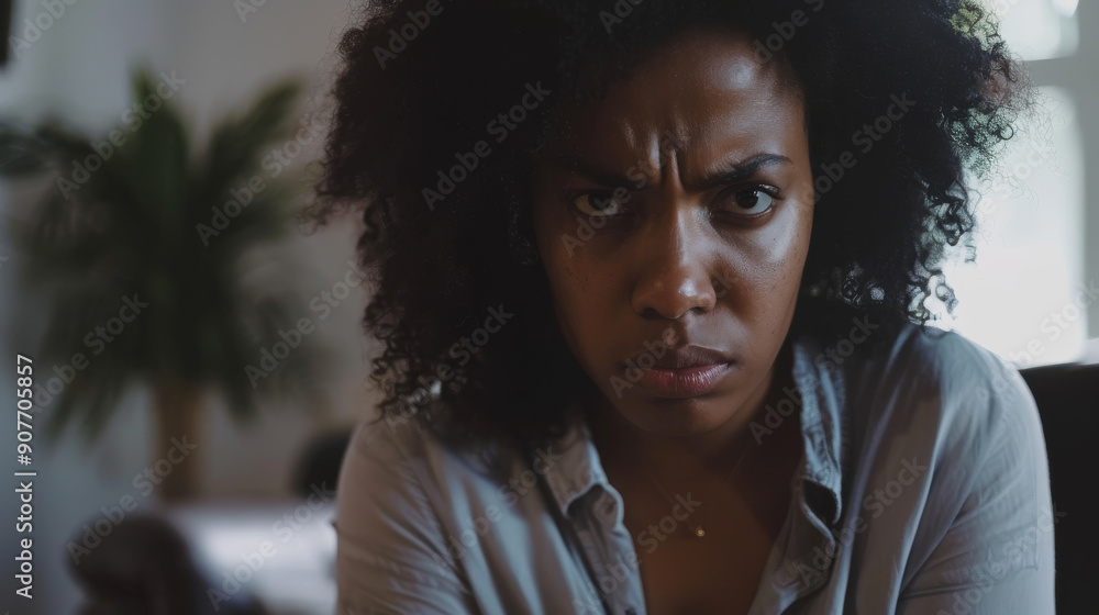 A woman stares intensely at the camera in a focused and serious manner, set against a blurred indoor background. A woman stares intensely at the camera in a focused and serious manner, set against a blurred indoor background.