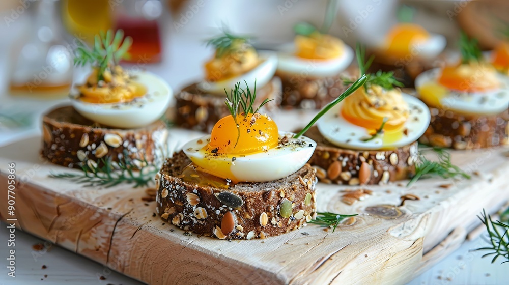 Elegant Easter Appetizer Spread: Quail Egg Canapes on Pumpernickel Bread for Festive Celebration Stock Photo Elegant Easter Appetizer Spread: Quail Egg Canapes on Pumpernickel Bread for Festive Celebration Stock Photo