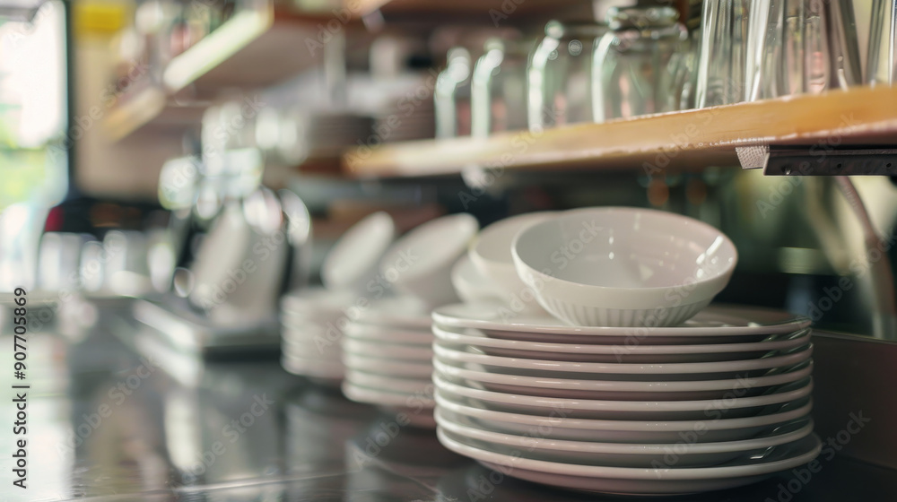 A neat stack of plates and bowls on a clean, organized kitchen counter with jars and utensils in the background. A neat stack of plates and bowls on a clean, organized kitchen counter with jars and utensils in the background.