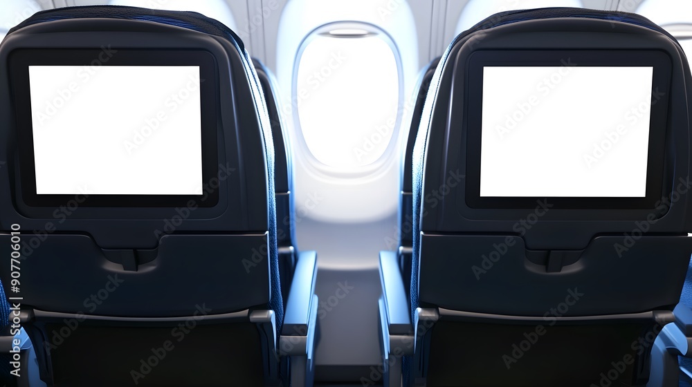 Two empty airplane seats with blank screens in front, ready for passengers to enjoy the in-flight entertainment. Two empty airplane seats with blank screens in front, ready for passengers to enjoy the in-flight entertainment.