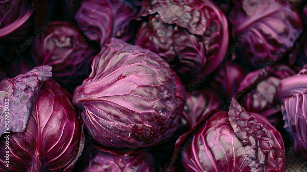 A pile of vibrant, red cabbages, their tightly packed layers and rich hues providing a visually appealing and fresh image. A pile of vibrant, red cabbages, their tightly packed layers and rich hues providing a visually appealing and fresh image.