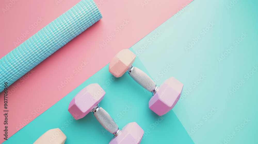 Two pastel-colored dumbbells and a rolled exercise mat on a vibrant pastel backdrop, epitomizing fitness and wellness with a playful twist. Two pastel-colored dumbbells and a rolled exercise mat on a vibrant pastel backdrop, epitomizing fitness and wellness with a playful twist.