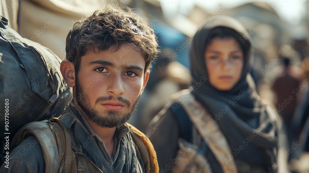 Intense look of a young male migrant standing with a girl in a refugee camp. They wear worn clothes and backpacks. Blurred and unclear background. Intense look of a young male migrant standing with a girl in a refugee camp. They wear worn clothes and backpacks. Blurred and unclear background.