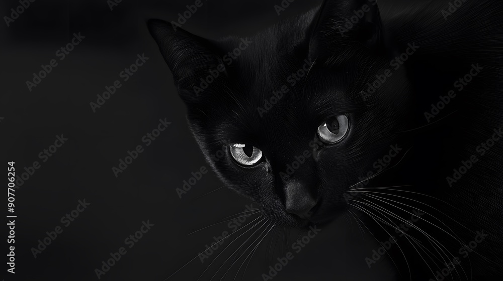 A black cat with piercing green eyes stares intently into the camera. A black cat with piercing green eyes stares intently into the camera.