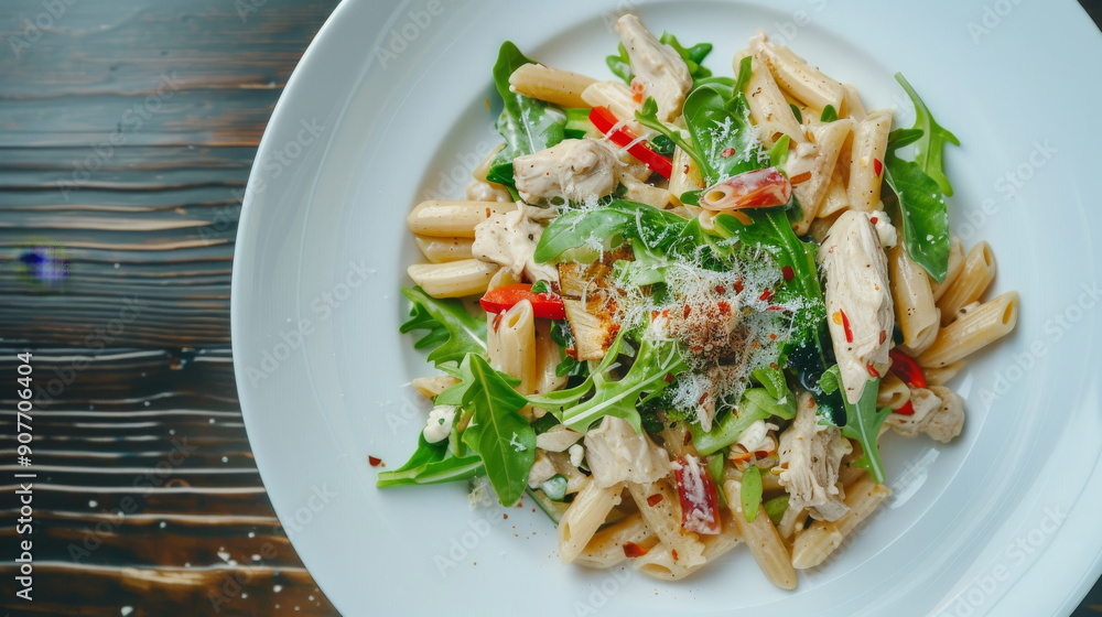 A delicious plate of pasta salad topped with fresh arugula, chicken, and vibrant veggies, served on a white dish over a rustic wooden table. A delicious plate of pasta salad topped with fresh arugula, chicken, and vibrant veggies, served on a white dish over a rustic wooden table.