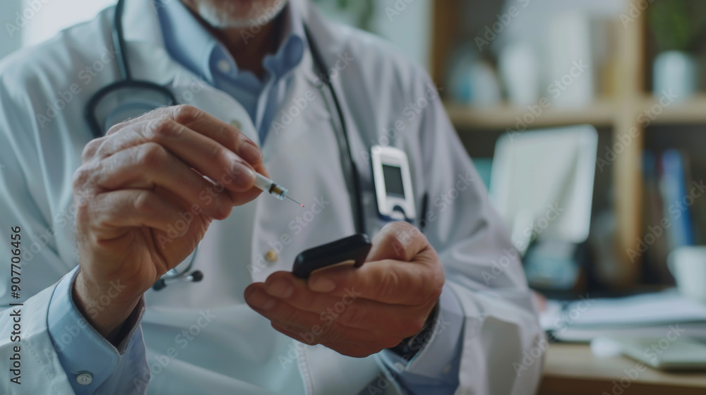 A doctor prepares a syringe for an injection in one hand, with a blood glucose meter in the other, possibly readying to administer insulin. A doctor prepares a syringe for an injection in one hand, with a blood glucose meter in the other, possibly readying to administer insulin.