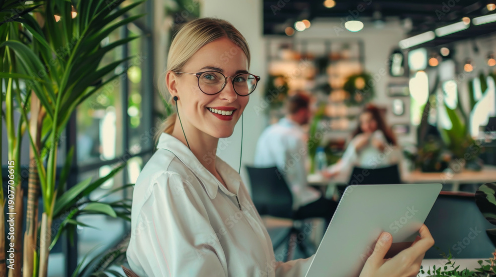 A smiling professional woman holding a tablet, surrounded by greenery in a modern, light-filled office environment. A smiling professional woman holding a tablet, surrounded by greenery in a modern, light-filled office environment.