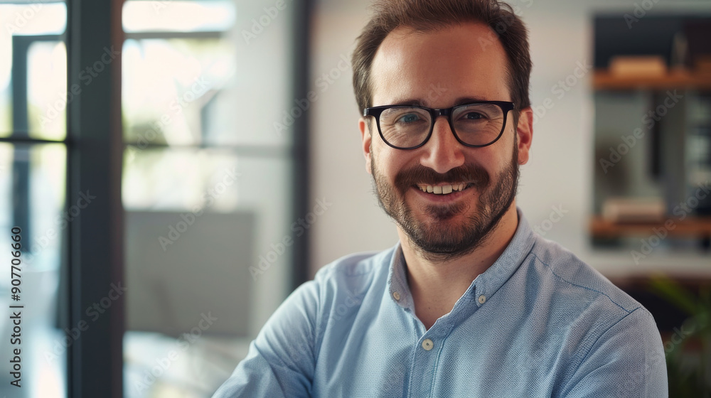 A bearded man in glasses and a blue shirt smiles warmly in a bright, modern office with glass partitions, embodying a welcoming professional environment. A bearded man in glasses and a blue shirt smiles warmly in a bright, modern office with glass partitions, embodying a welcoming professional environment.