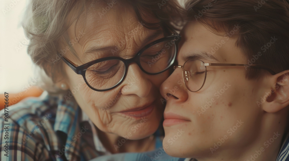 An elderly woman and a young man share a gentle, affectionate moment, their faces close together, reflecting a deep family bond. An elderly woman and a young man share a gentle, affectionate moment, their faces close together, reflecting a deep family bond.